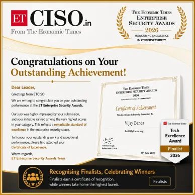 ET CISO congratulations graphic for the ET Enterprise Security Awards 2026, showing the Certificate of Achievement and Tech Excellence Award Finalist badge