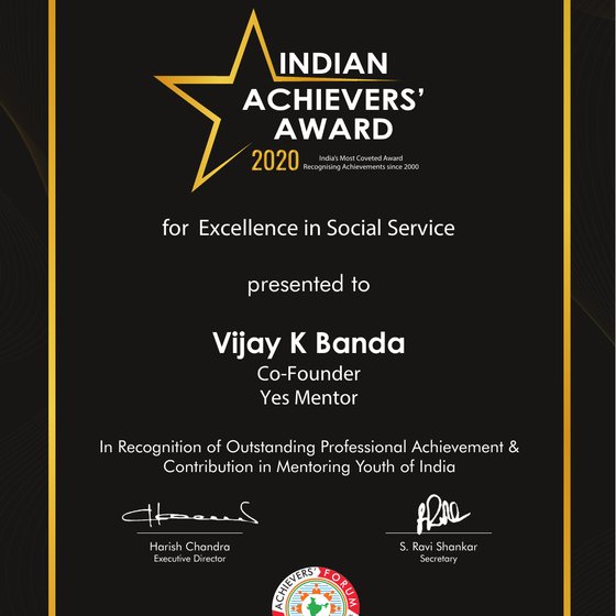 Indian Achievers' Award 2020 certificate for Excellence in Social Service, presented to Vijay K Banda, Co-Founder, Yes Mentor